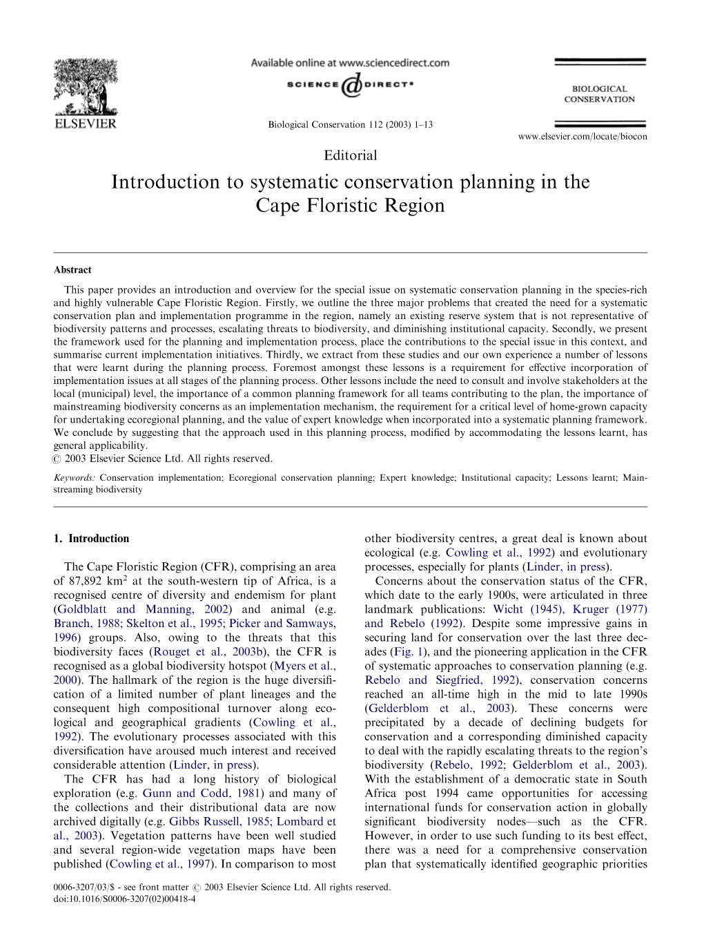 Introduction to Systematic Conservation Planning in the Cape Floristic Region