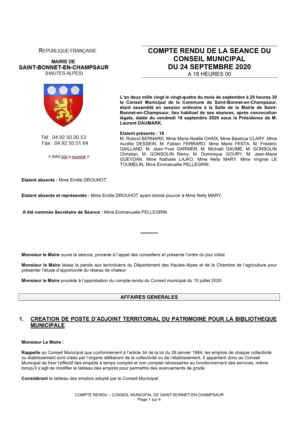 Compte Rendu De La Seance Du Conseil Municipal Du 24 Septembre 2020 a 18 Heures 00