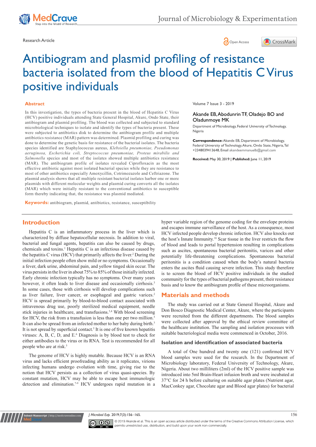 Antibiogram and Plasmid Profiling of Resistance Bacteria Isolated from the Blood of Hepatitis C Virus Positive Individuals