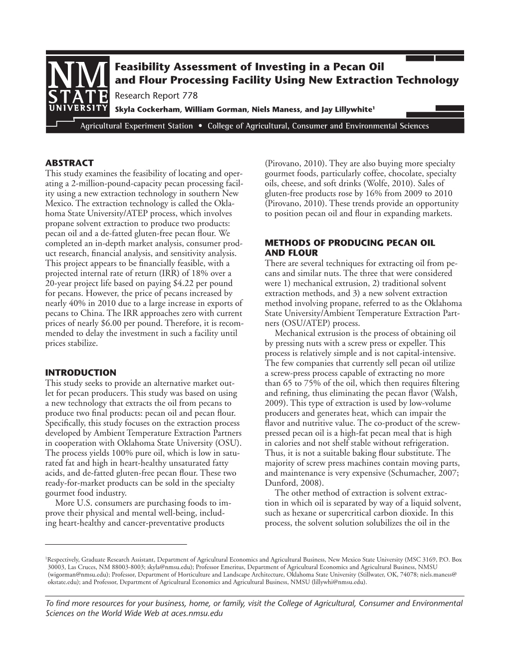 Feasibility Assessment of Investing in a Pecan Oil and Flour Processing