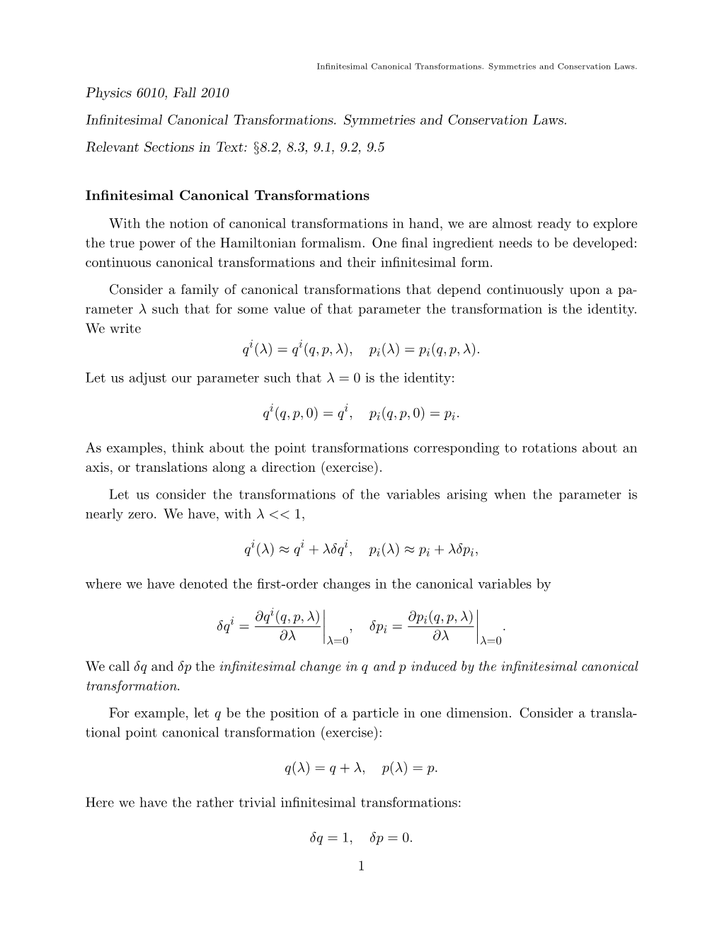 Infinitesimal Canonical Transformations. Symmetries And