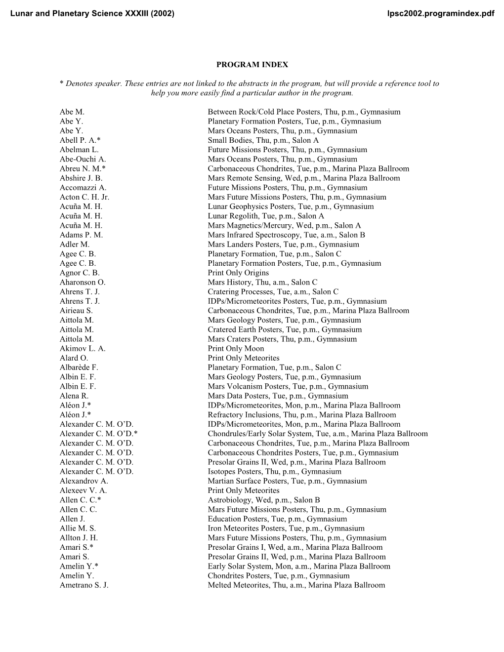 33Rd LPSC Program Index