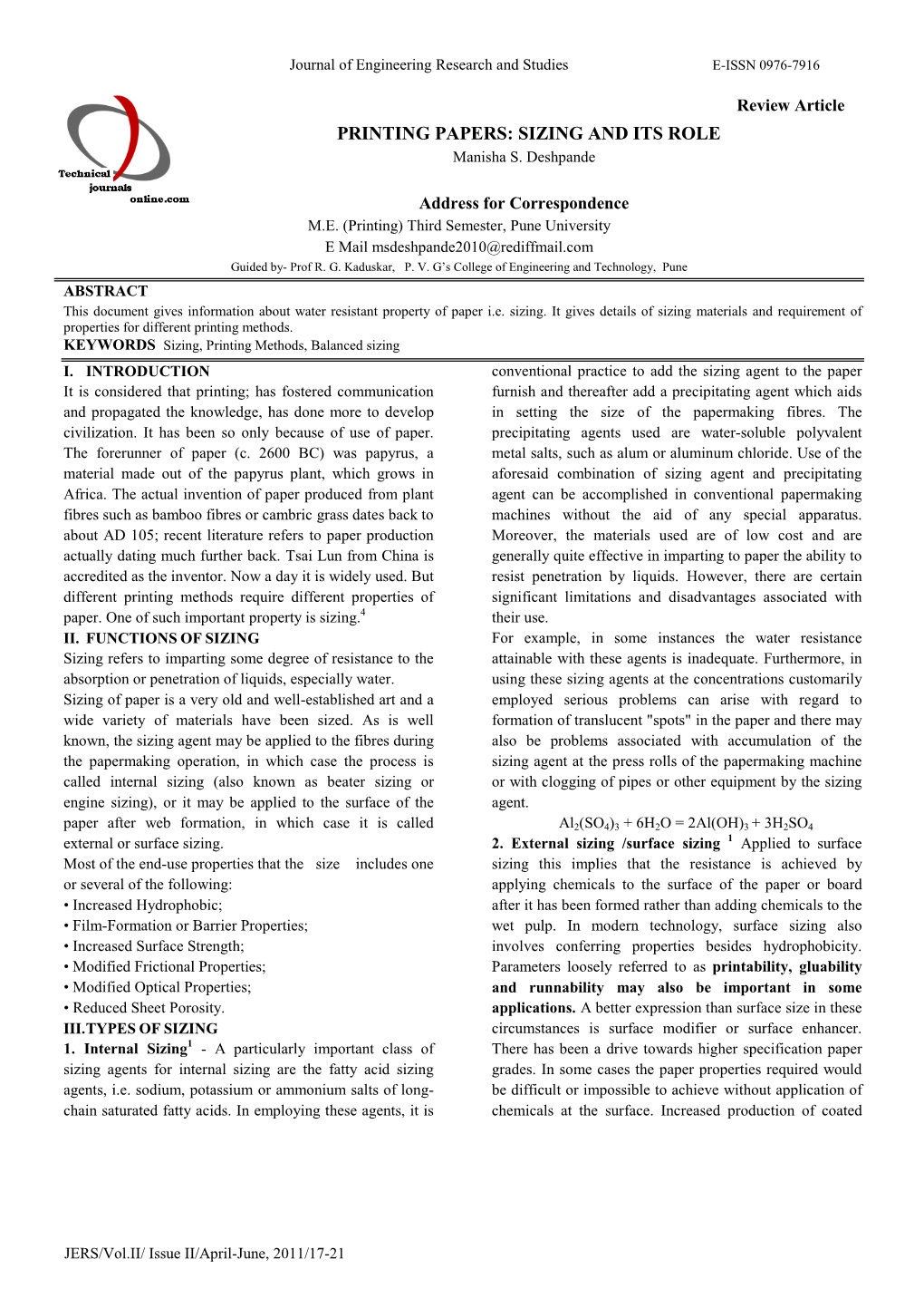 PRINTING PAPERS: SIZING and ITS ROLE Manisha S