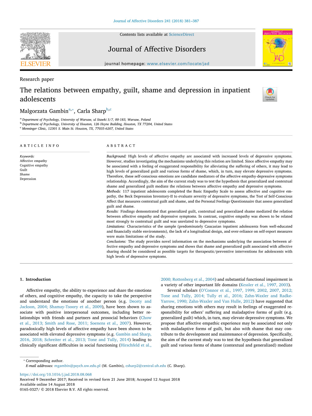 The Relations Between Empathy, Guilt, Shame and Depression in Inpatient