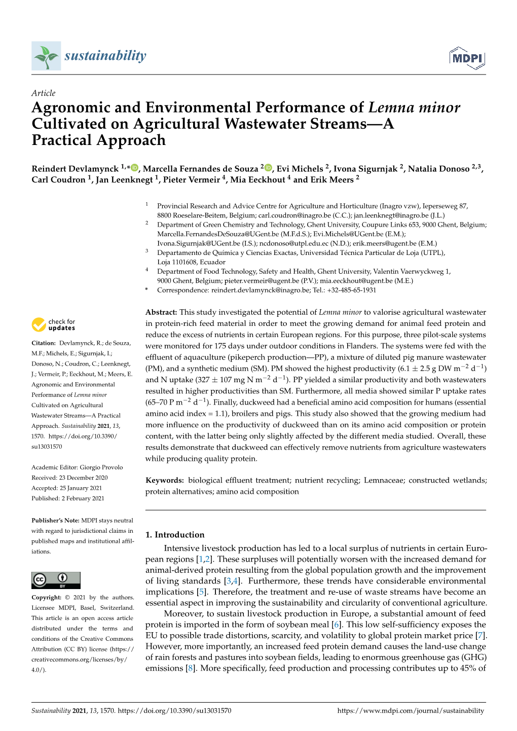 Agronomic and Environmental Performance of Lemna Minor Cultivated on Agricultural Wastewater Streams—A Practical Approach