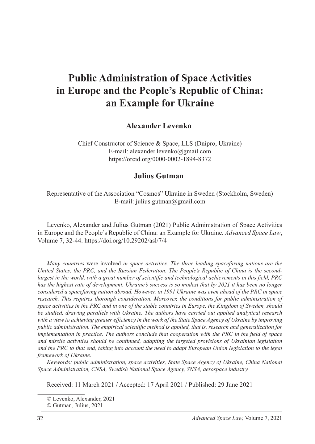 Public Administration of Space Activities in Europe and the People's