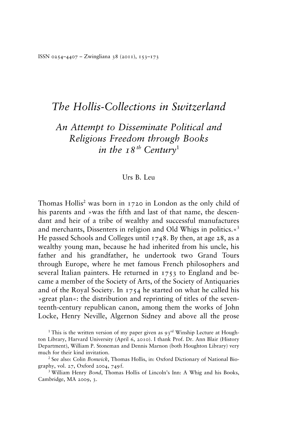 The Hollis-Collections in Switzerland