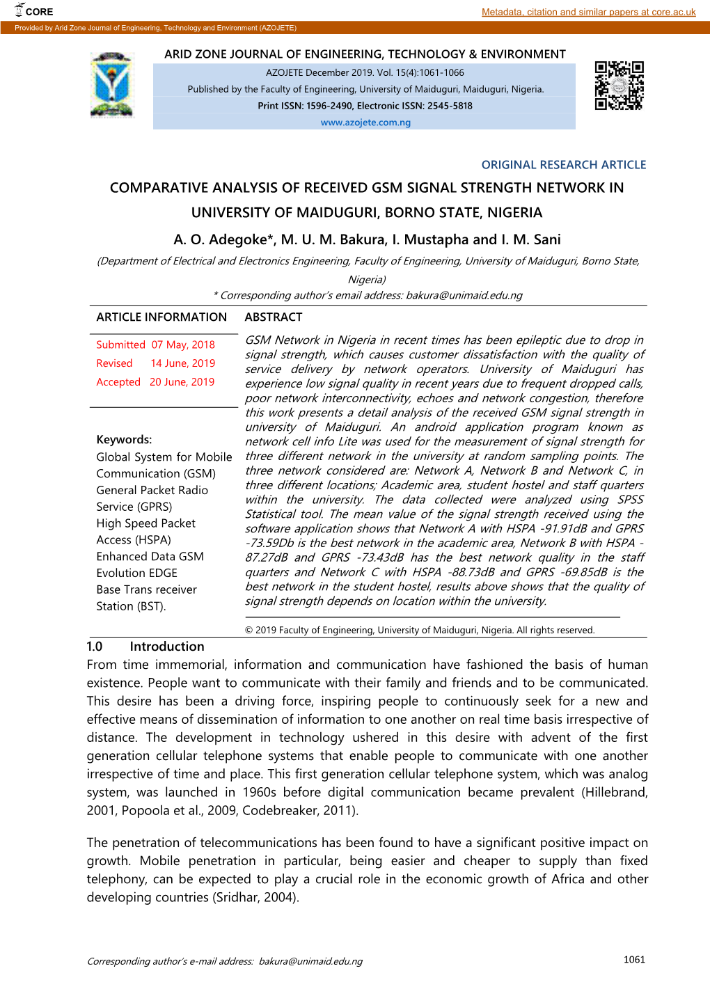 Comparative Analysis of Received Gsm Signal Strength Network in University of Maiduguri, Borno State, Nigeria A