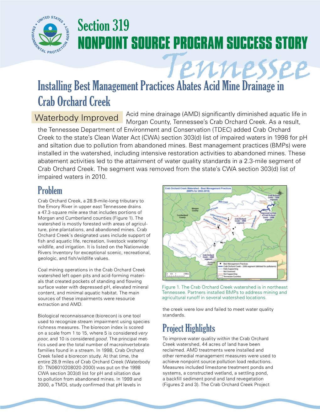 Crab Orchard Creek Acid Mine Drainage (AMD) Significantly Diminished Aquatic Life in Waterbody Improved Morgan County, Tennessee’S Crab Orchard Creek