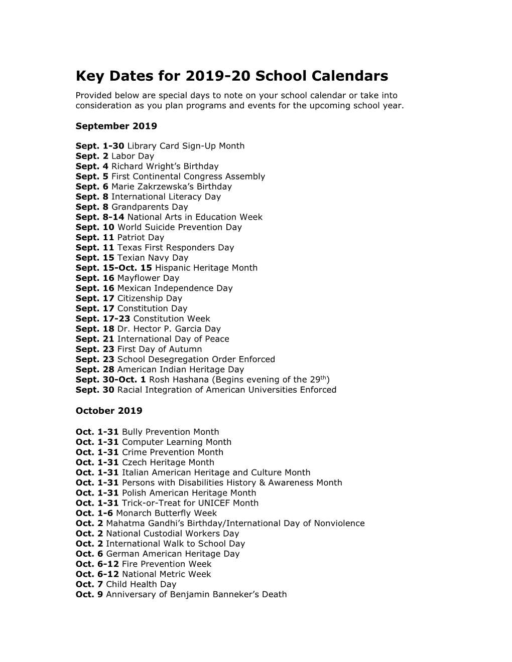 Key Dates for 2019-20 School Calendars