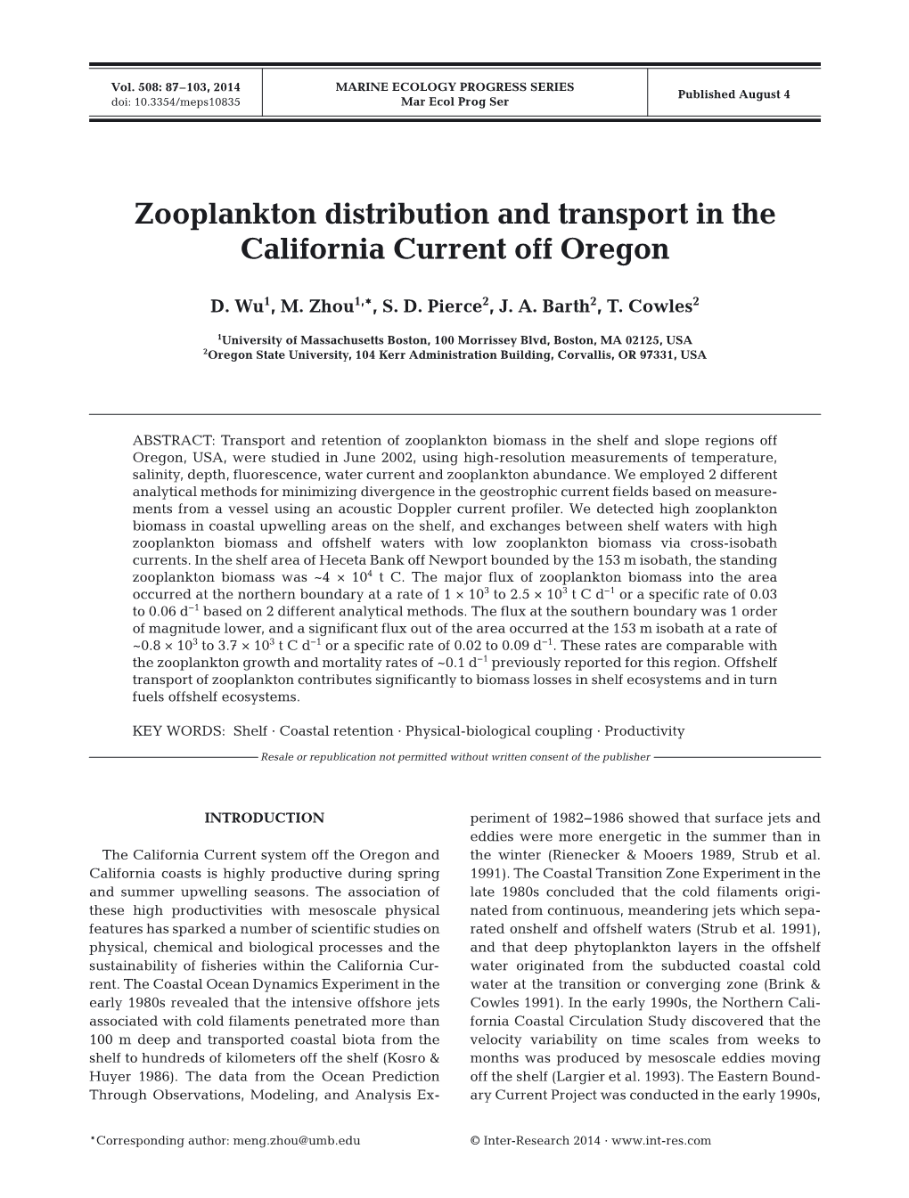 Zooplankton Distribution and Transport in the California Current Off Oregon
