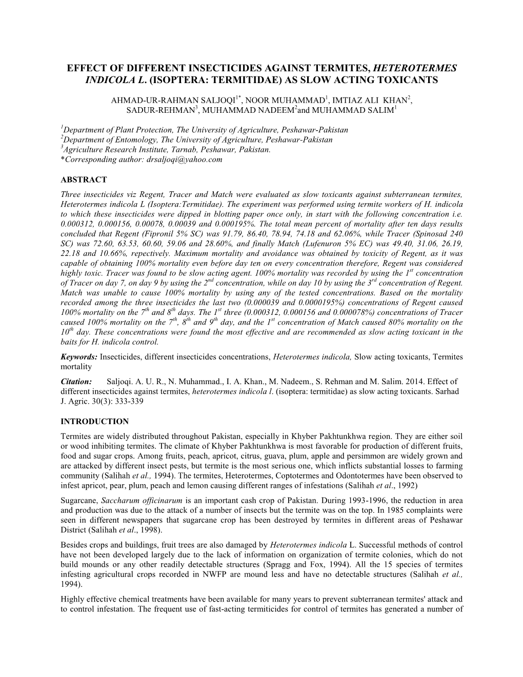 Effect of Different Insecticides Against Termites, Heterotermes Indicola L