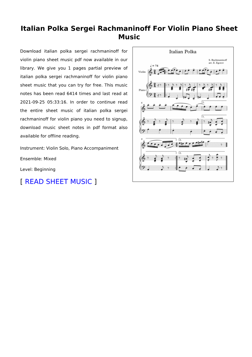 Italian Polka Sergei Rachmaninoff for Violin Piano Sheet Music