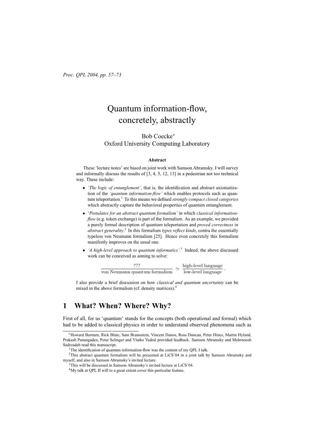 Quantum Information-Flow, Concretely, Abstractly