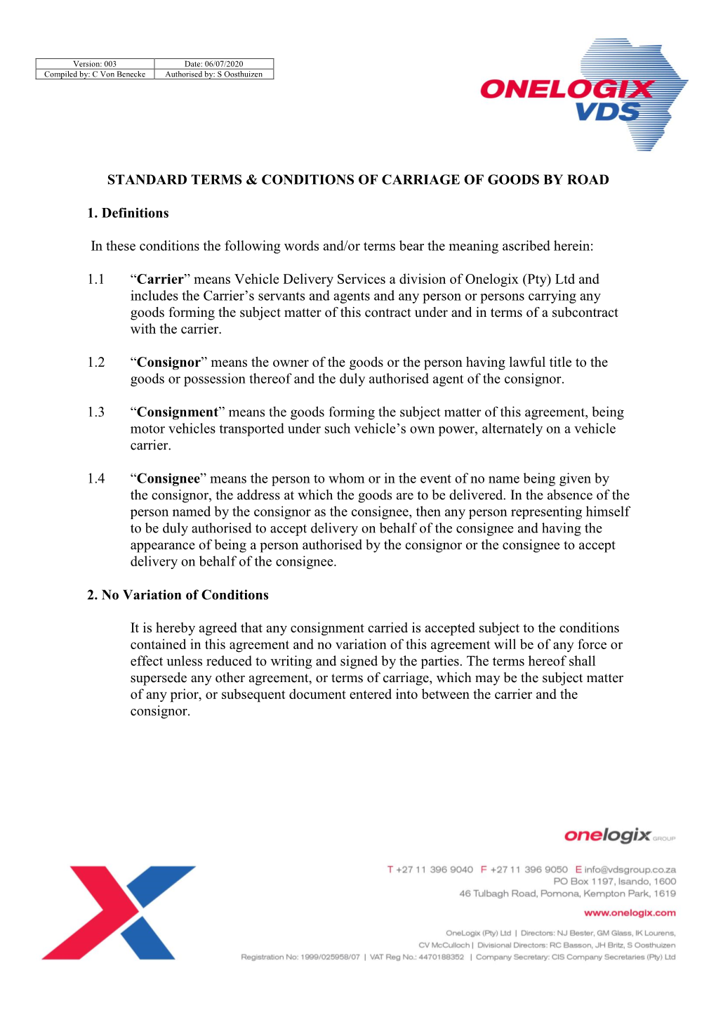 Standard Terms & Conditions of Carriage of Goods by Road