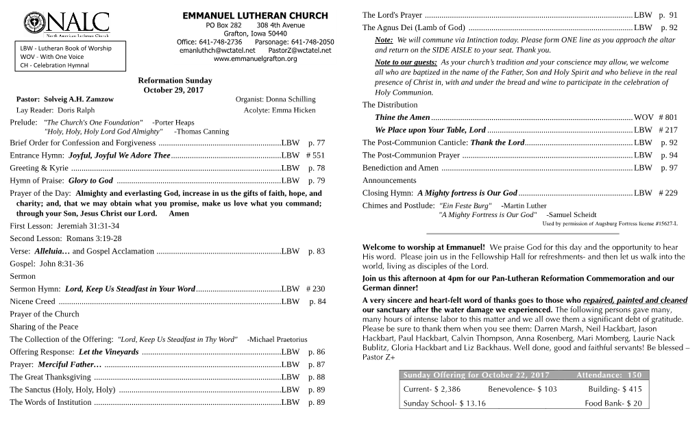 EMMANUEL LUTHERAN CHURCH the Lord's Prayer