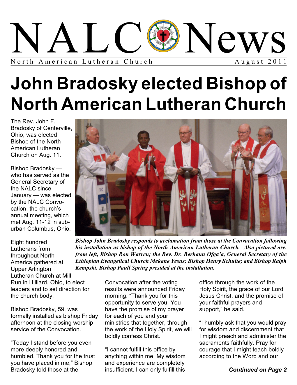 John Bradosky Elected Bishop of North American Lutheran Church the Rev