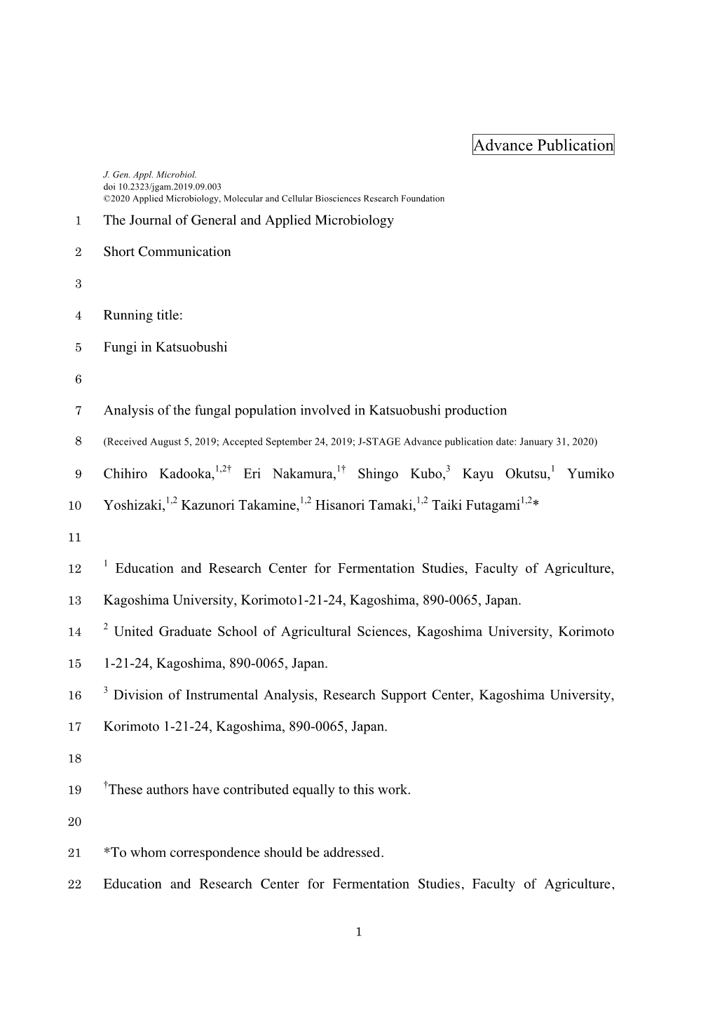 Analysis of the Fungal Population Involved in Katsuobushi Production