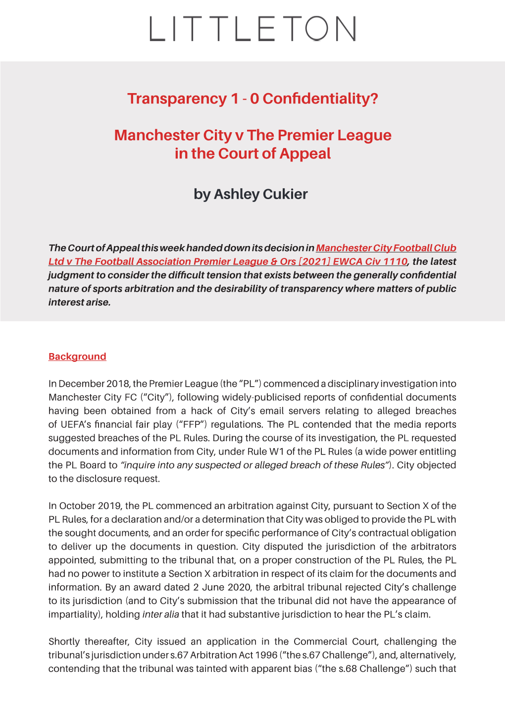 Manchester City V the Premier League in the Court of Appeal