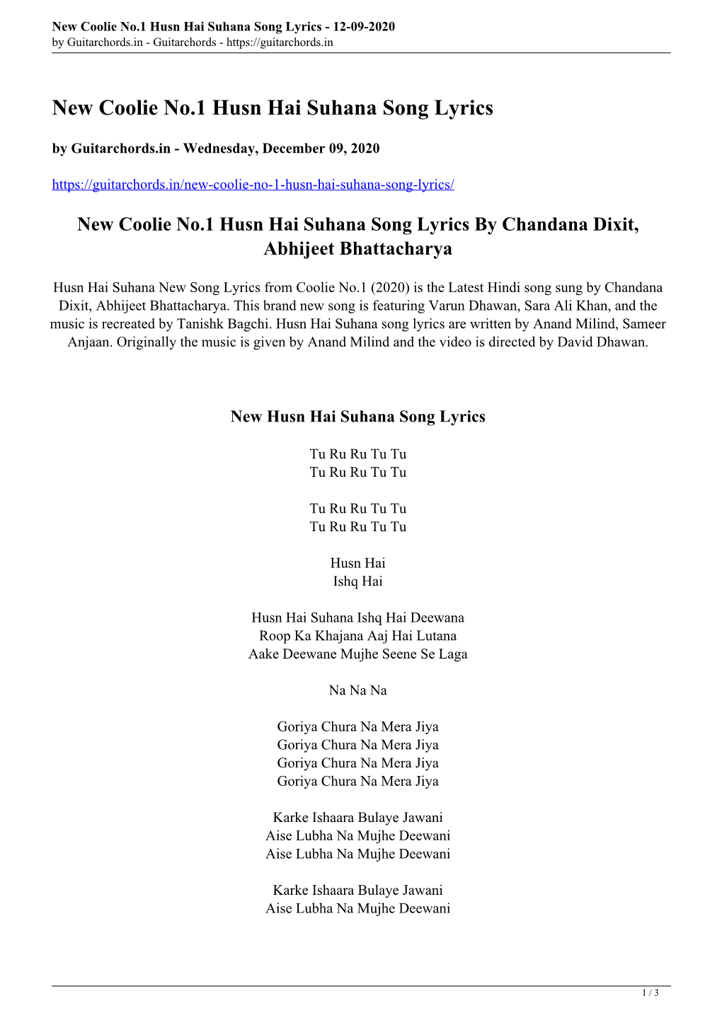 New Coolie No.1 Husn Hai Suhana Song Lyrics - 12-09-2020 by Guitarchords.In - Guitarchords