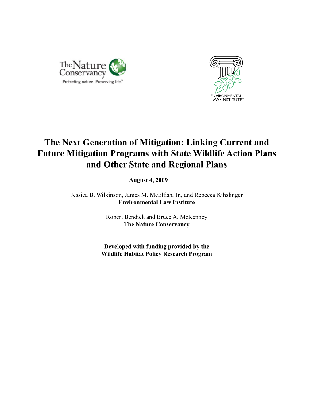 Linking Current and Future Mitigation Programs with State Wildlife Action Plans and Other State and Regional Plans