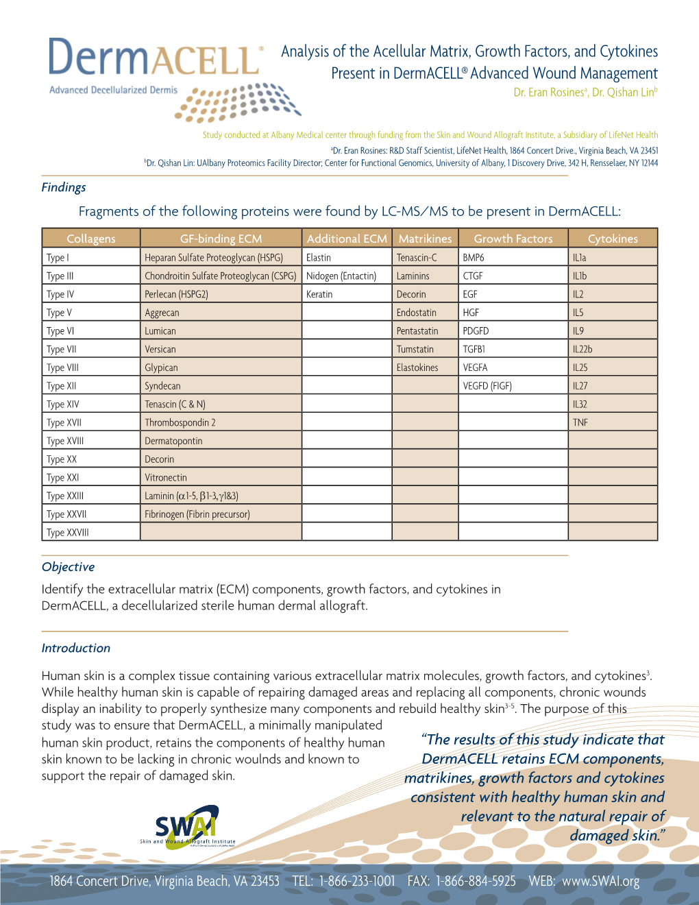 Analysis of the Acellular Matrix, Growth Factors, and Cytokines Present in Dermacell® Advanced Wound Management Dr