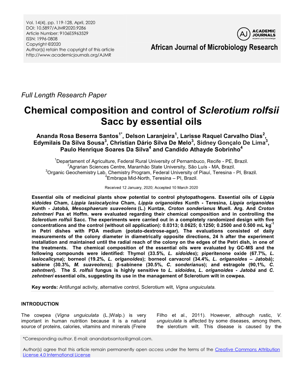 Chemical Composition and Control of Sclerotium Rolfsii Sacc by Essential Oils