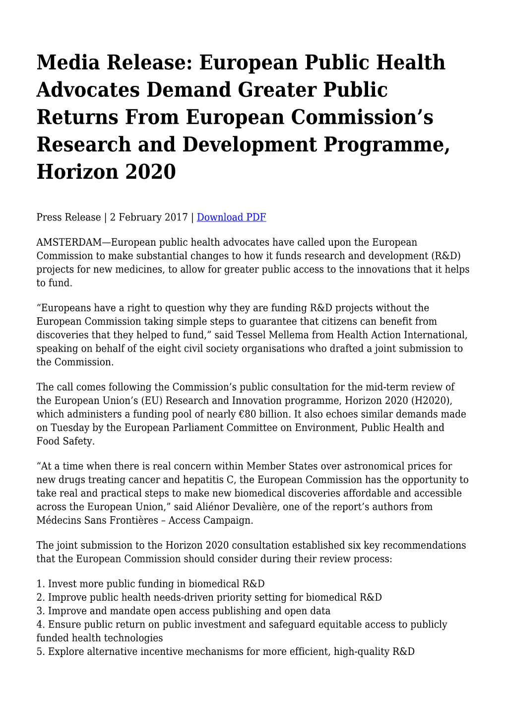 Media Release: European Public Health Advocates Demand Greater Public Returns from European Commission’S Research and Development Programme, Horizon 2020
