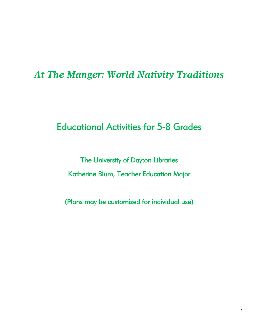 At the Manger: World Nativity Traditions Educational Activities for 5-8 Grades