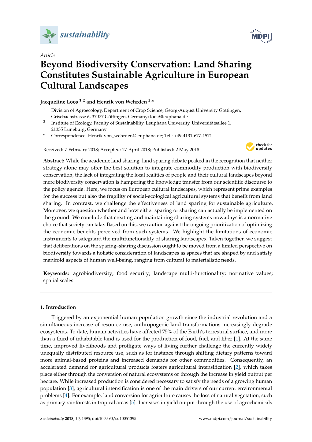 Land Sharing Constitutes Sustainable Agriculture in European Cultural Landscapes