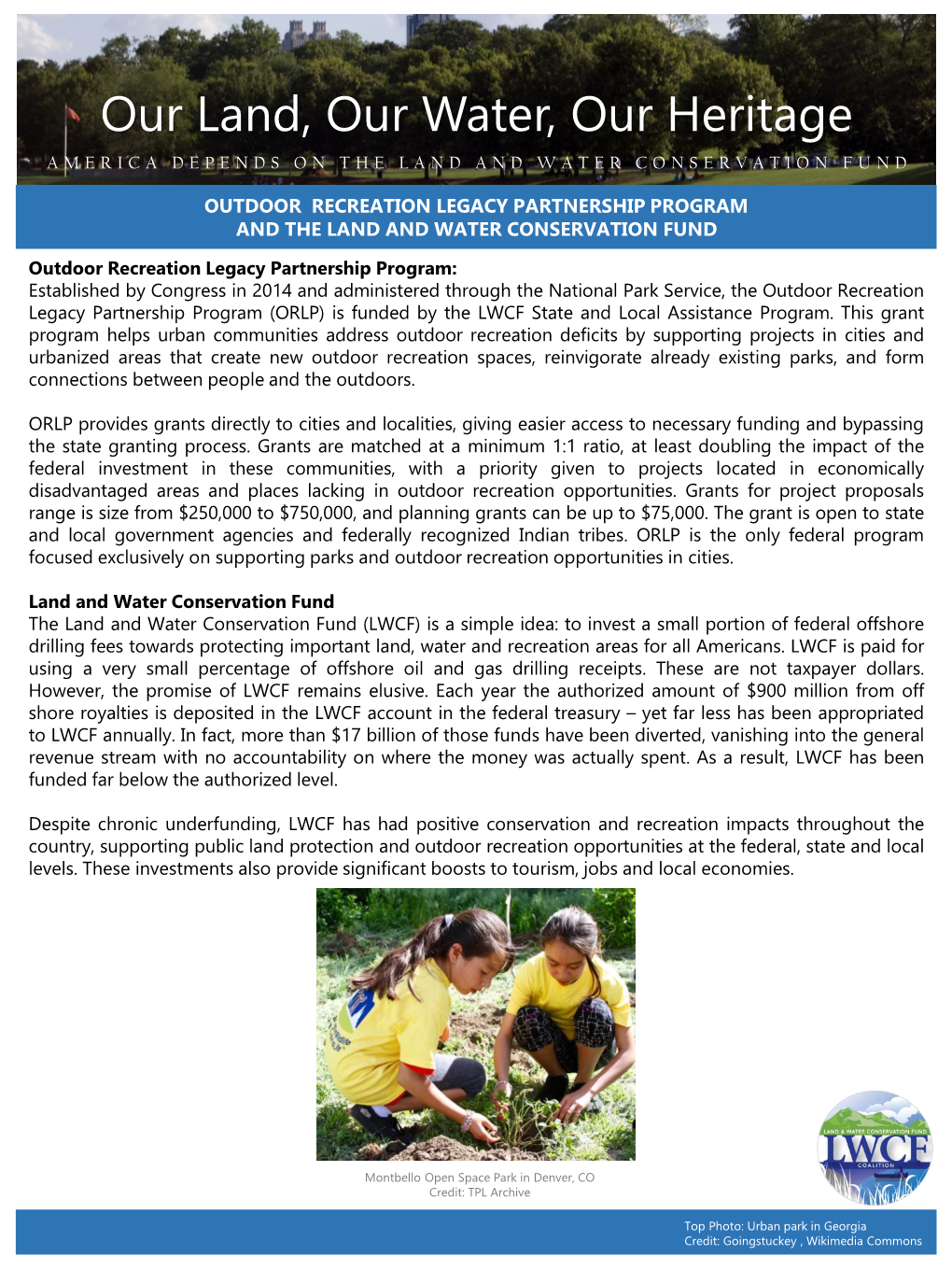 Outdoor Recreation Legacy Partnership Program and the Land and Water Conservation Fund