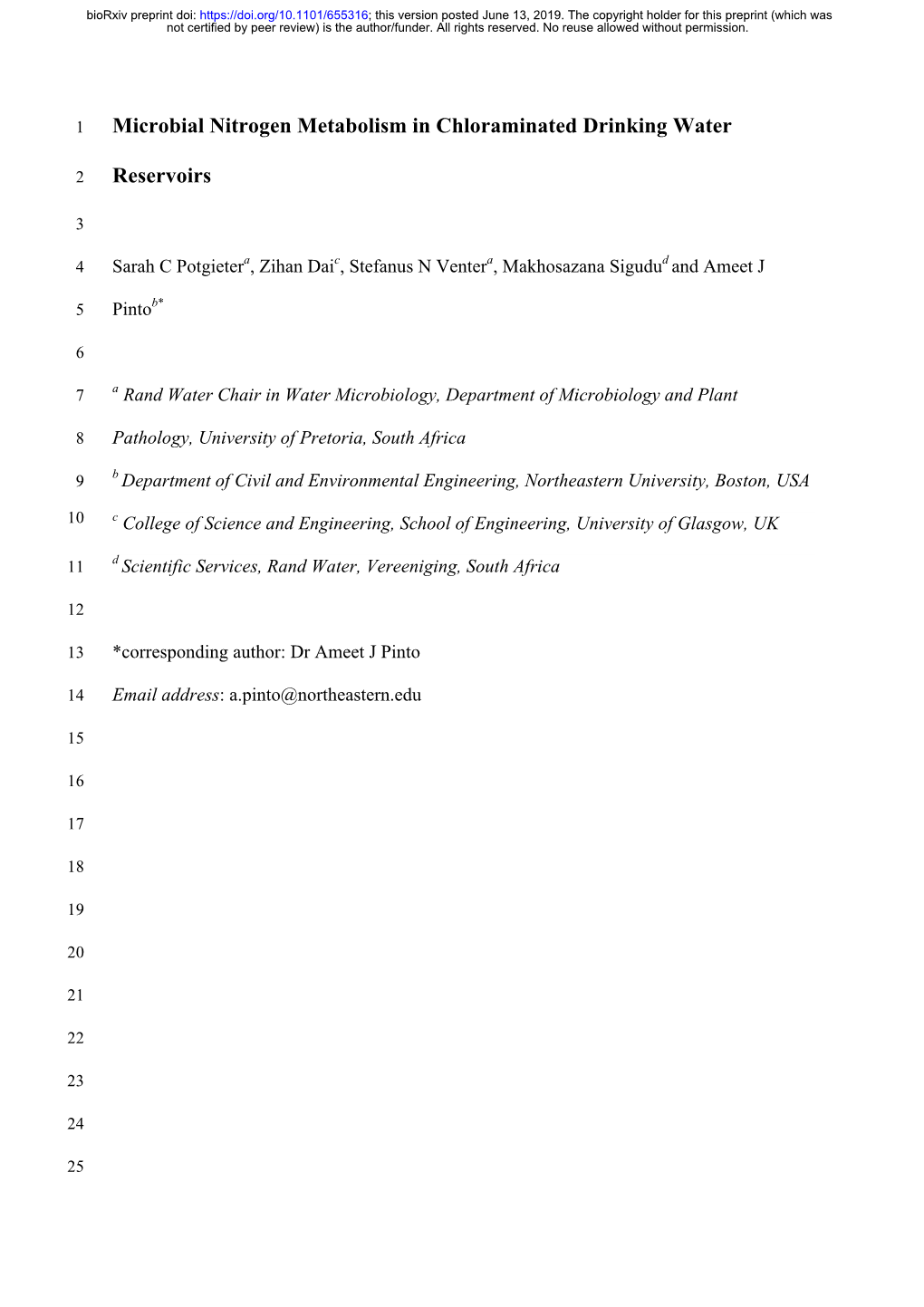 Microbial Nitrogen Metabolism in Chloraminated Drinking Water