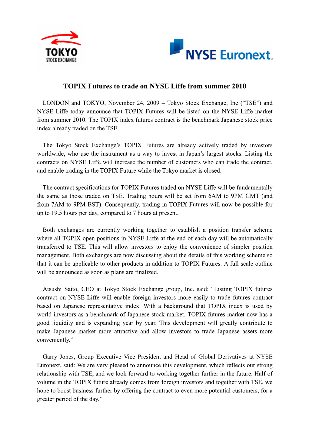 TOPIX Futures to Trade on NYSE Liffe from Summer 2010