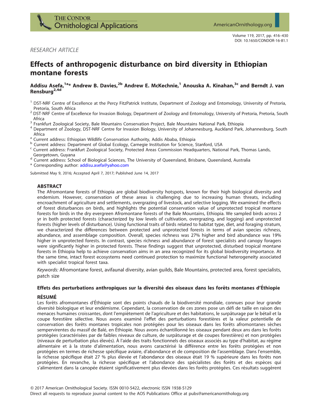 Effects of Anthropogenic Disturbance on Bird Diversity in Ethiopian Montane Forests