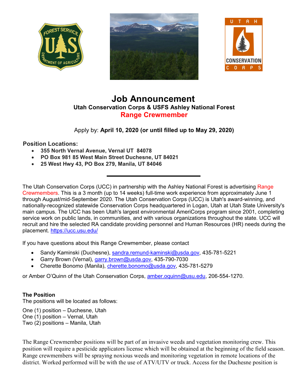 Job Announcement Utah Conservation Corps & USFS Ashley National Forest Range Crewmember