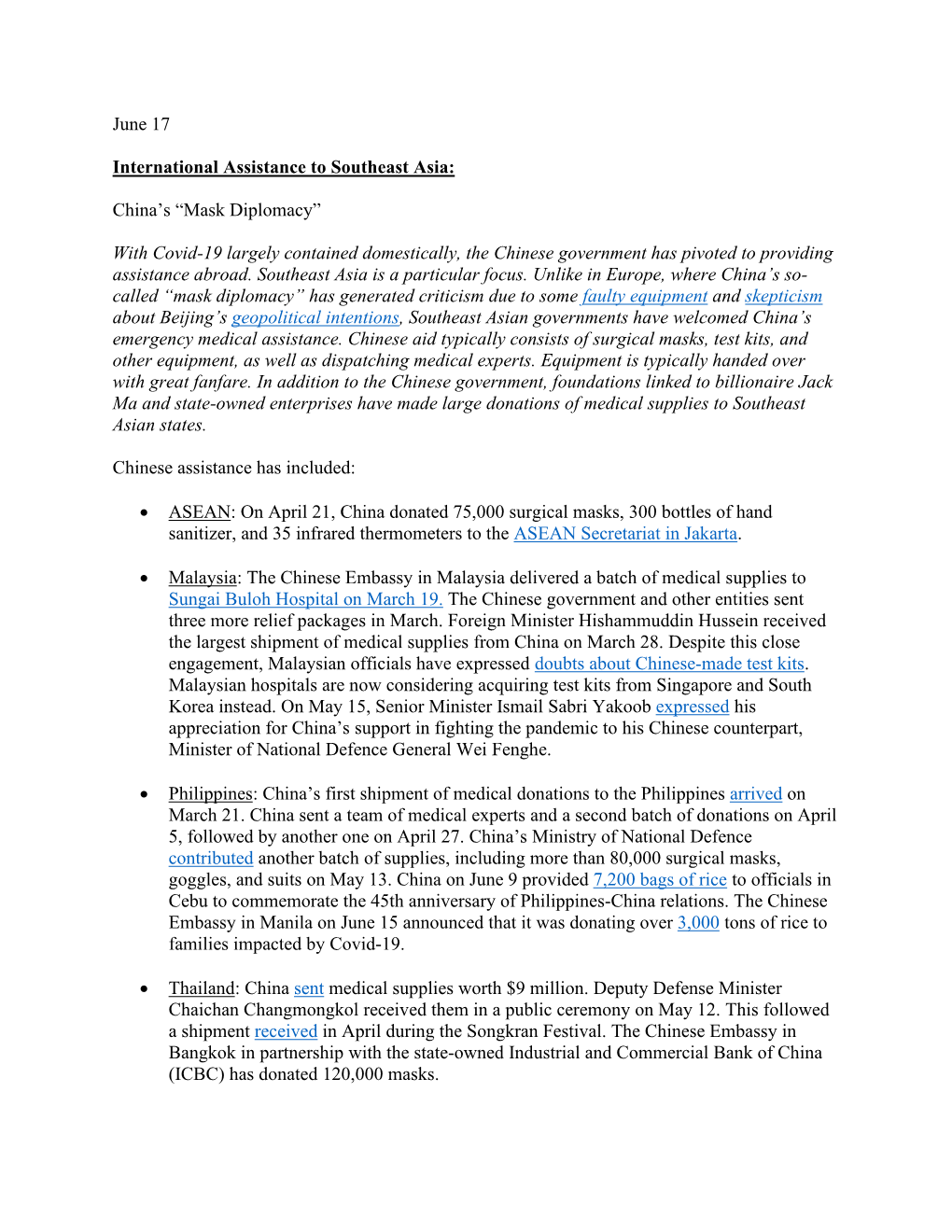 June 17 International Assistance to Southeast Asia: China's “Mask Diplomacy” with Covid-19 Largely Contained Domestically