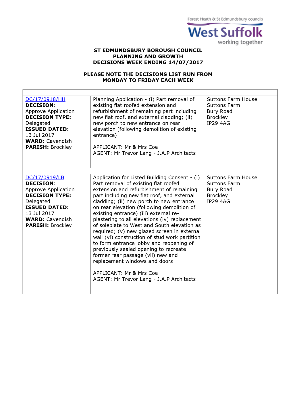 SEBC Planning Decisions 29/17