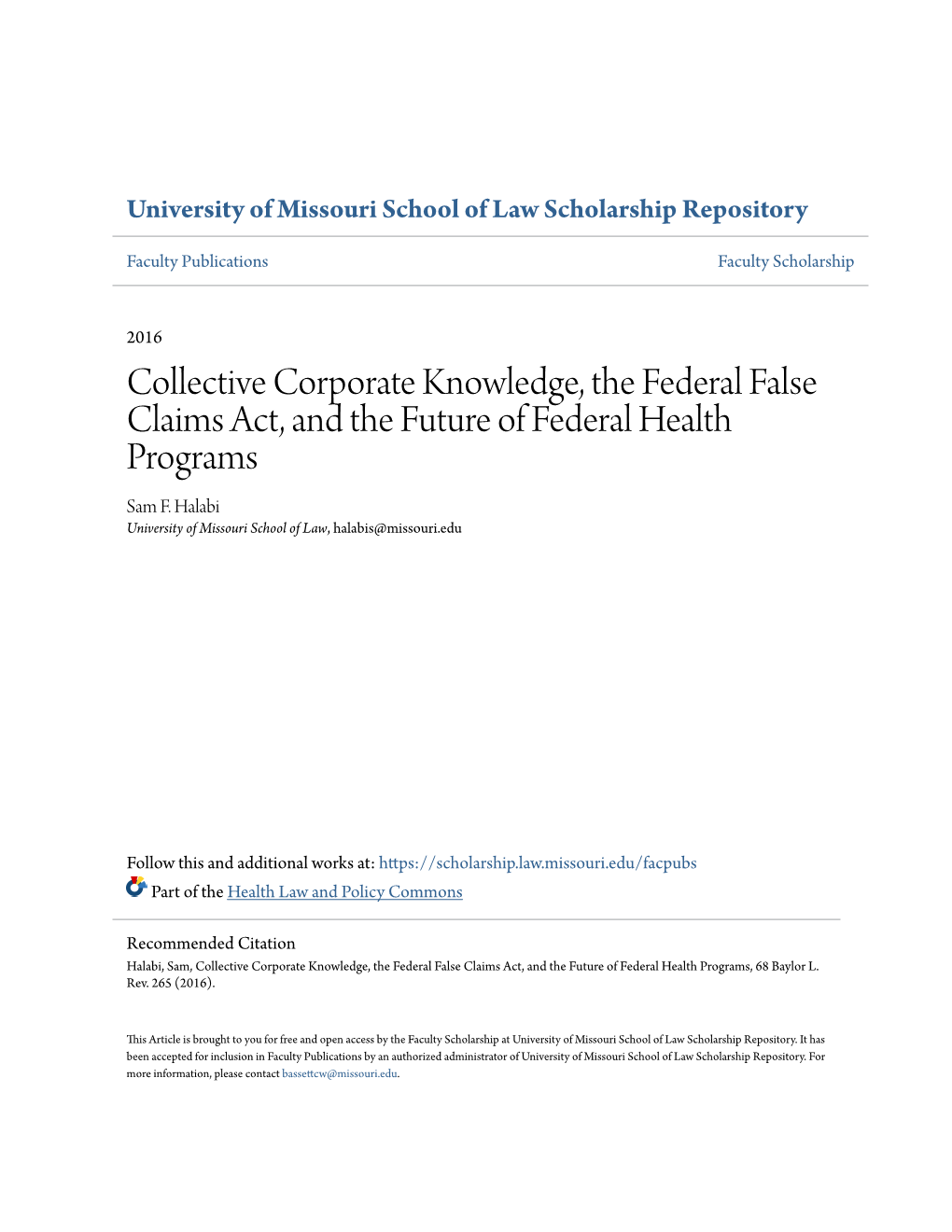 Collective Corporate Knowledge, the Federal False Claims Act, and the Future of Federal Health Programs Sam F