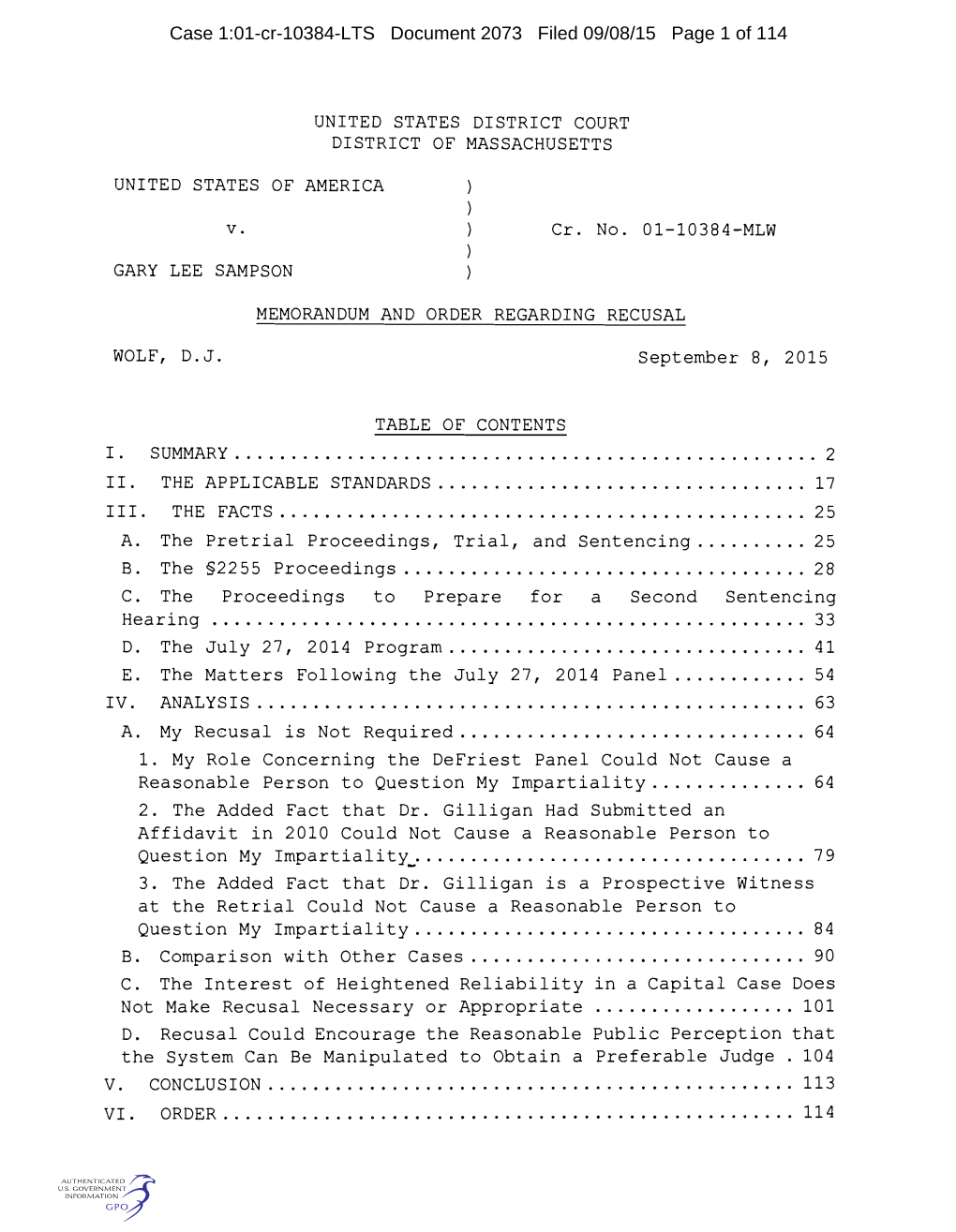 Case 1:01-Cr-10384-LTS Document 2073 Filed 09/08/15 Page 1 of 114