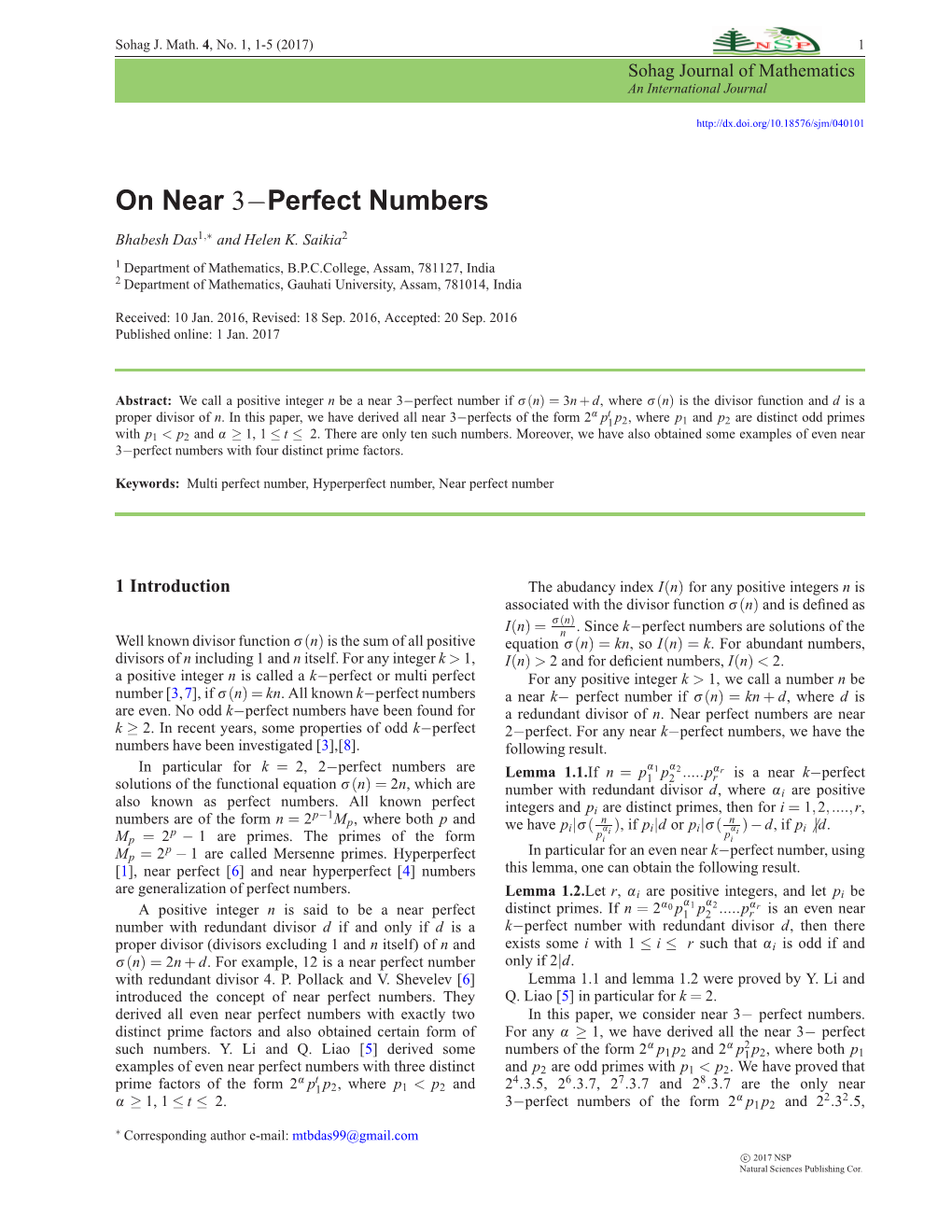 On Near 3−Perfect Numbers -.:: Natural Sciences Publishing