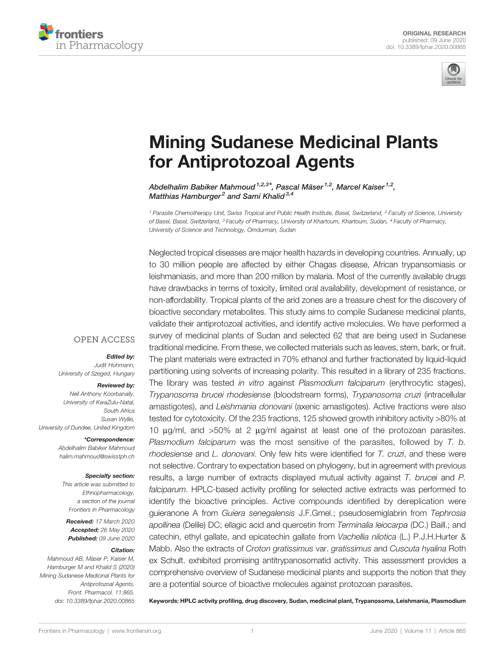 Mining Sudanese Medicinal Plants for Antiprotozoal Agents