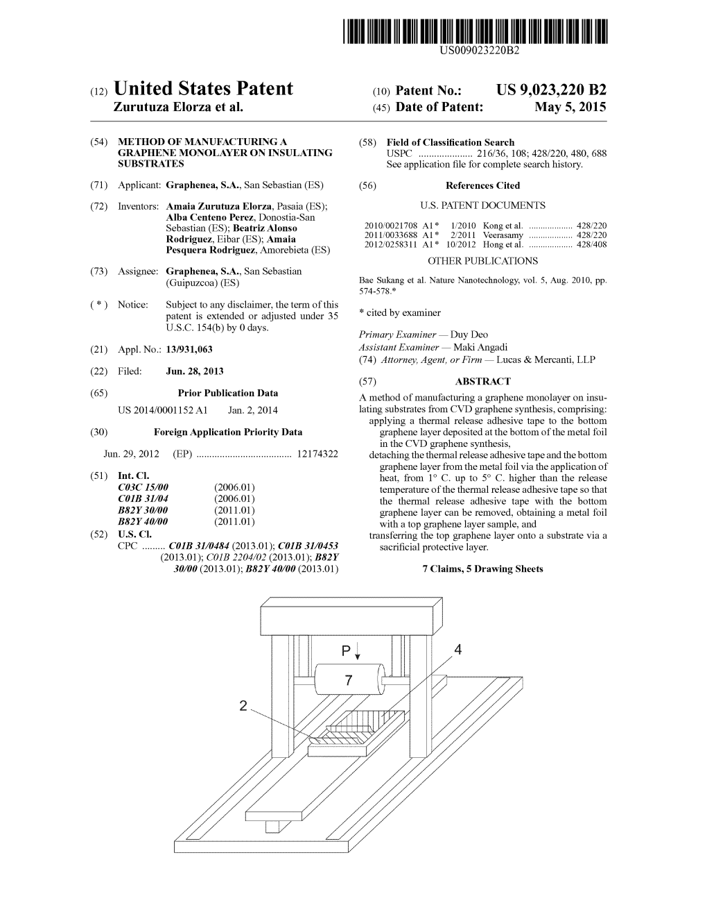 (12) United States Patent (10) Patent No.: US 9,023,220 B2 Zurutuza Elorza Et Al