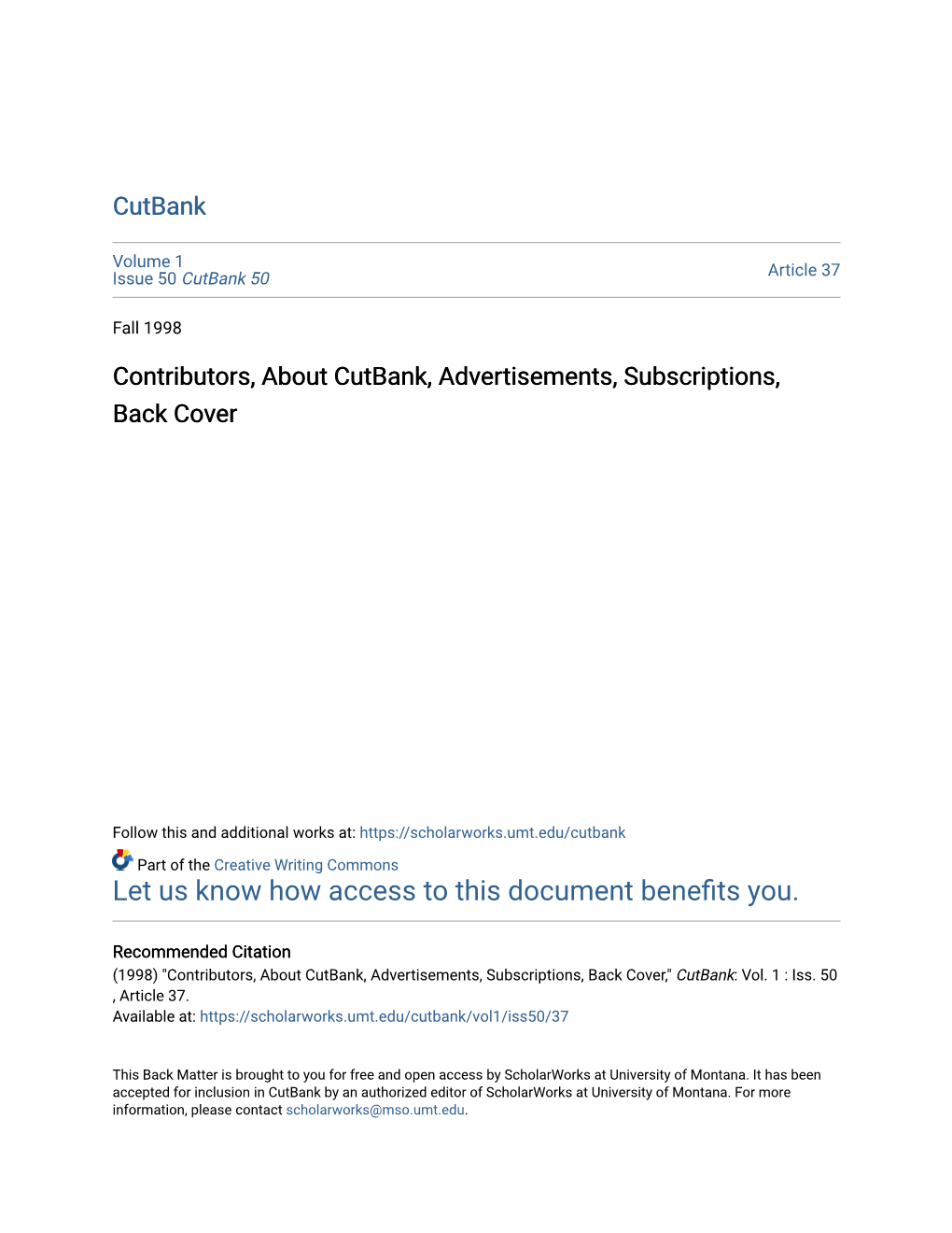 Contributors, About Cutbank, Advertisements, Subscriptions, Back Cover