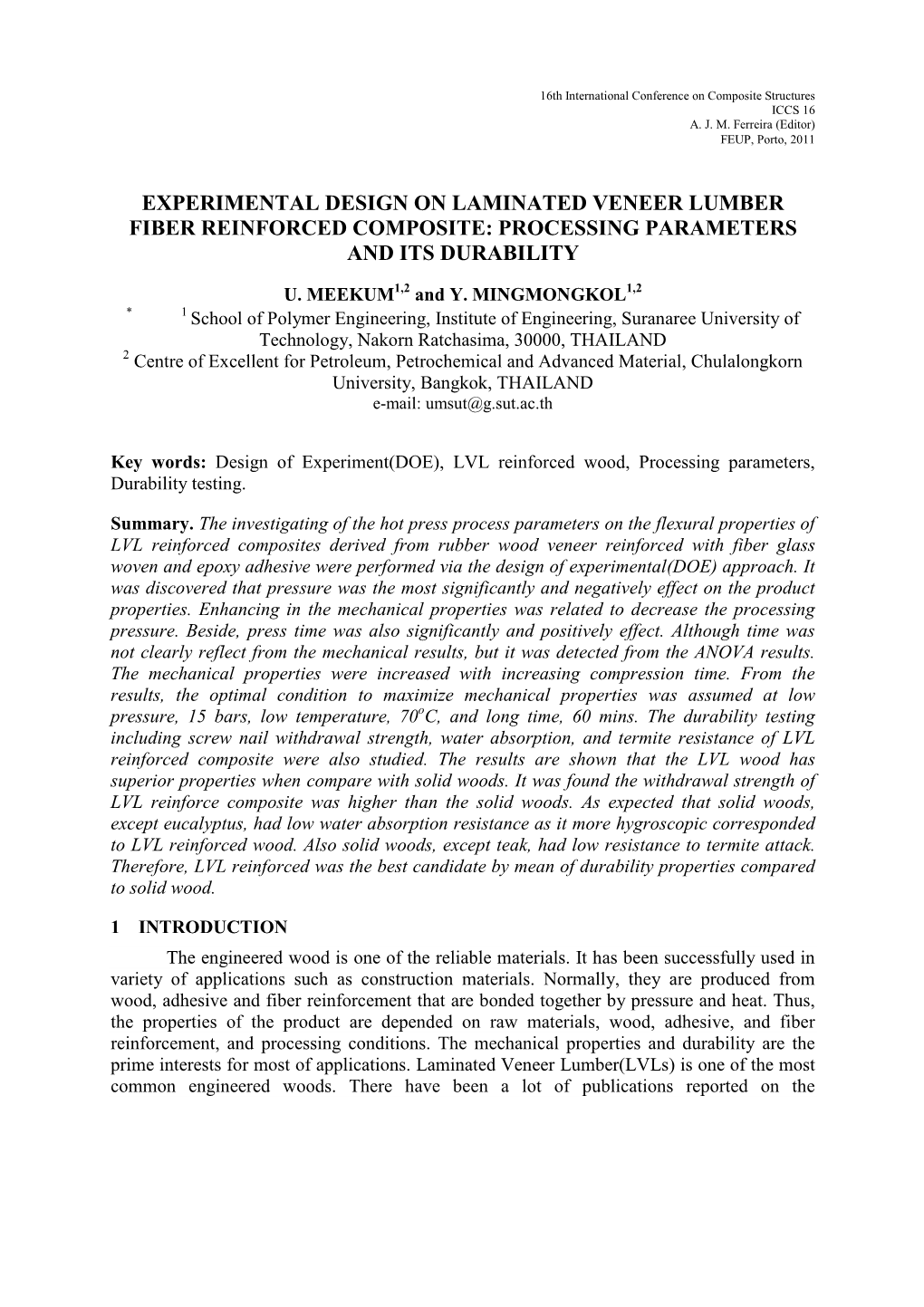 Experimental Design on Laminated Veneer Lumber Fiber Reinforced Composite: Processing Parameters and Its Durability