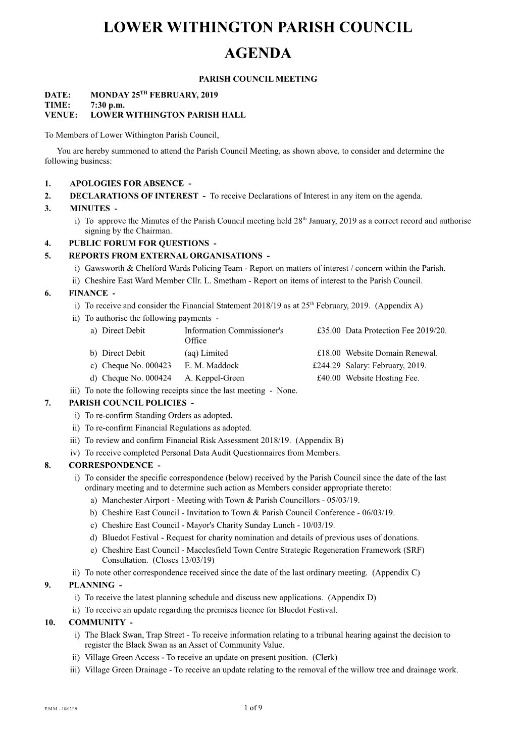 Lower Withington Parish Council Agenda