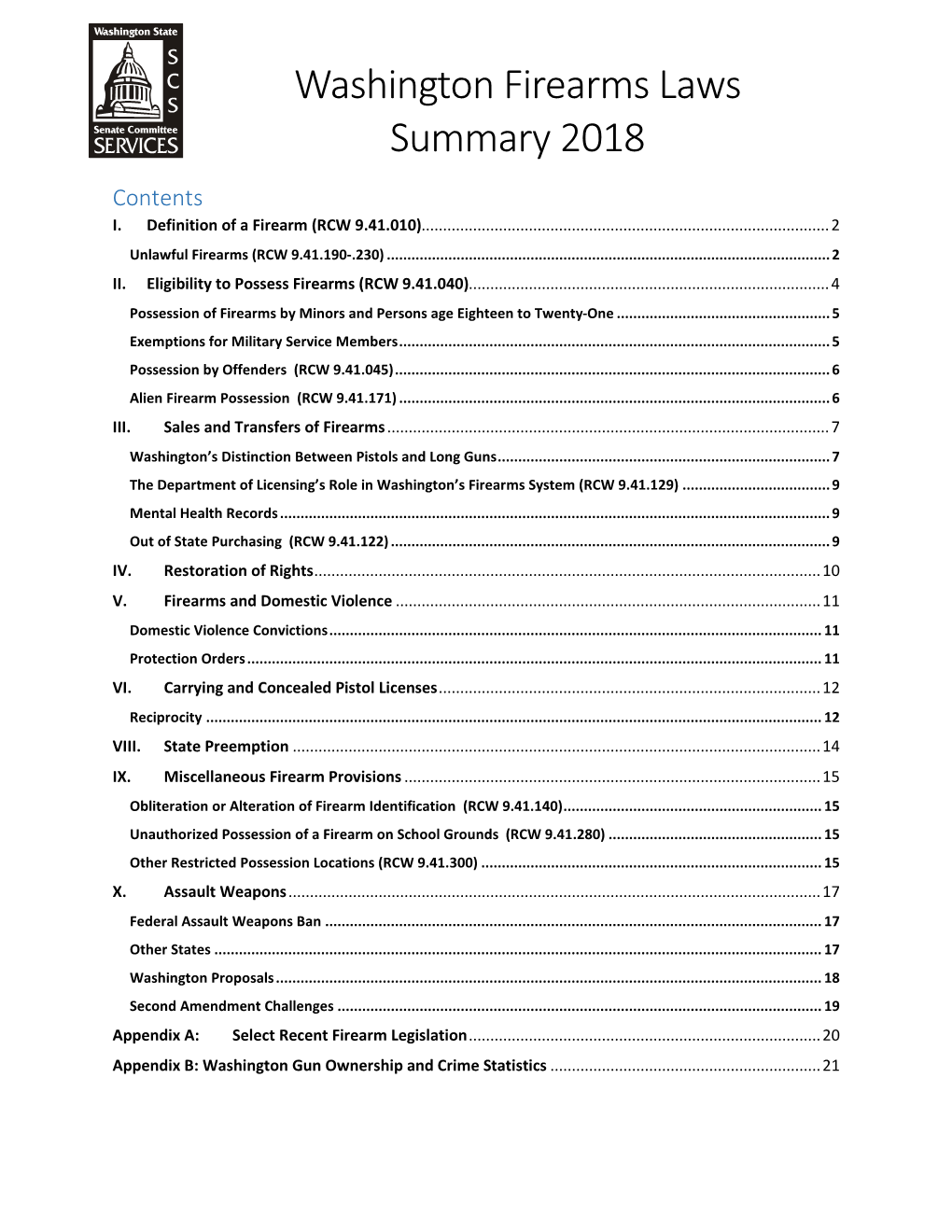 Washington Firearms Laws Summary 2018 Contents I