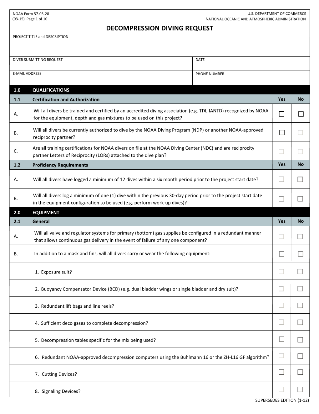 NOAA Form 57-03-28 Decompression Diving Request