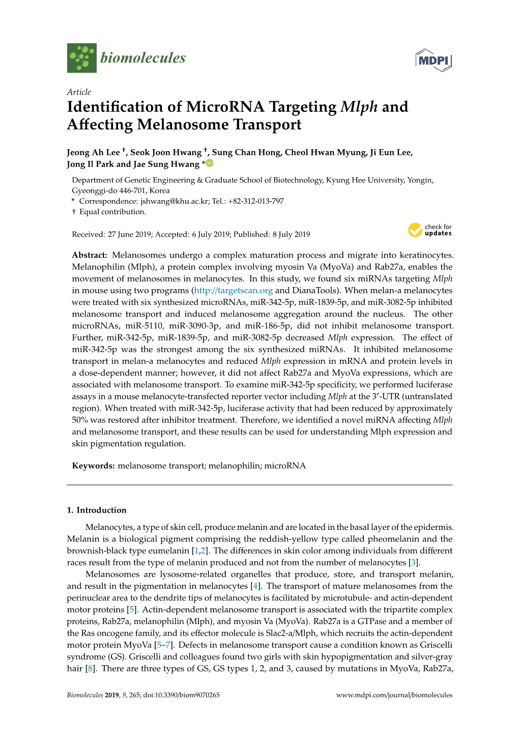 Identification of Microrna Targeting Mlph and Affecting Melanosome