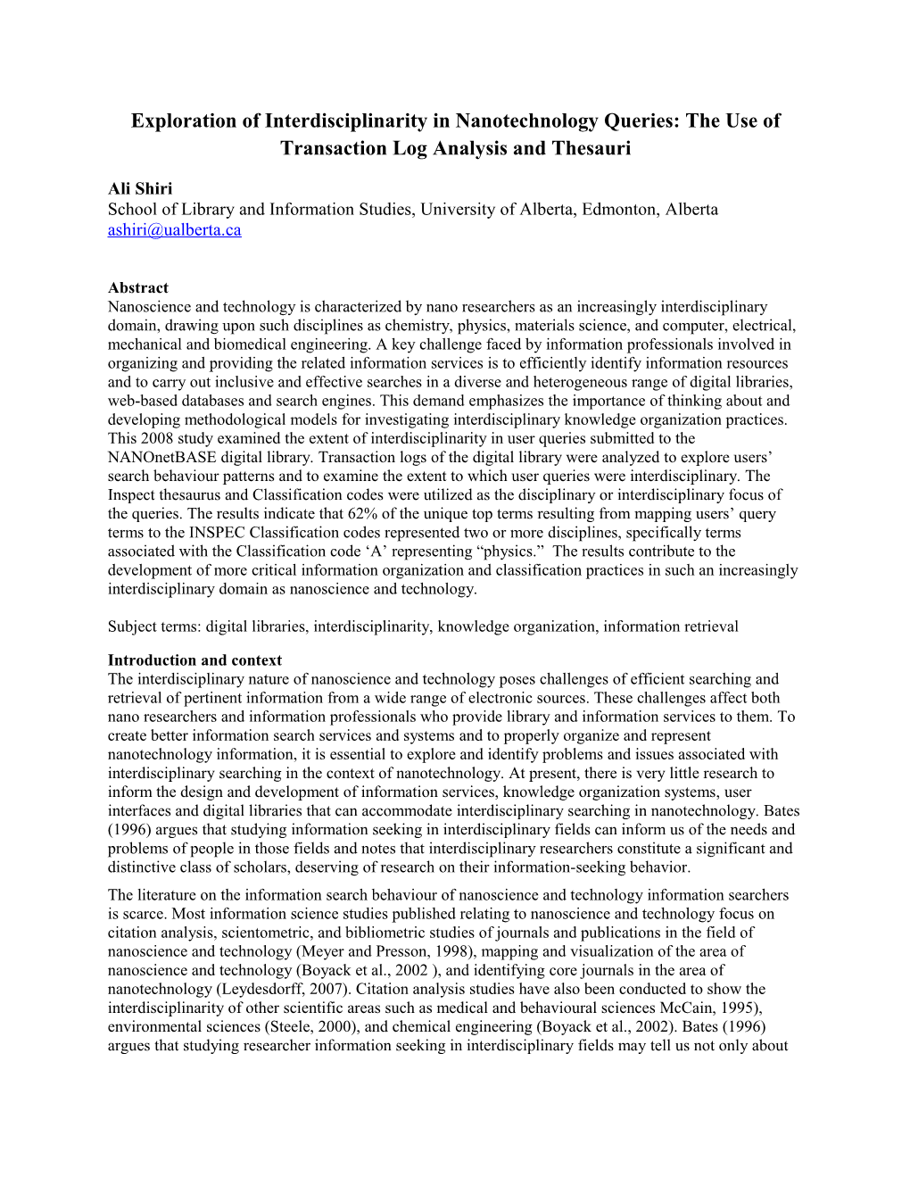 Exploration of Interdisciplinarity in Nanotechnology Queries: the Use of Transaction Log