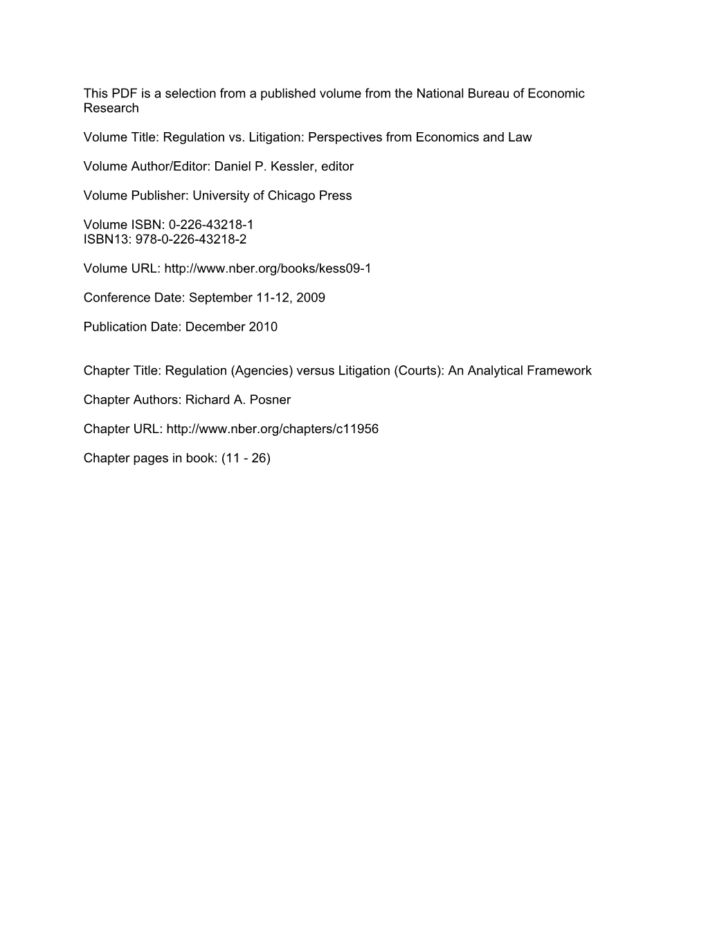 Regulation (Agencies) Versus Litigation (Courts): an Analytical Framework